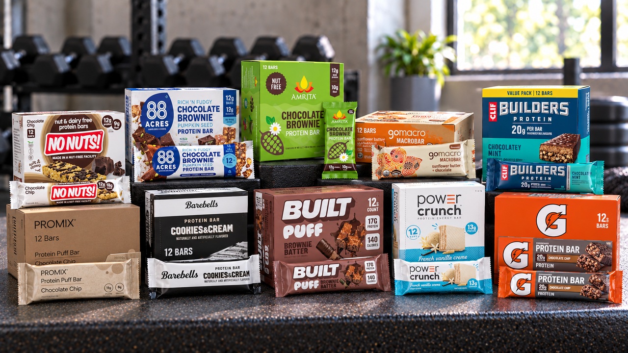 Ten protein bar products arranged on a gym bench with branded boxes and individual wrappers facing forward