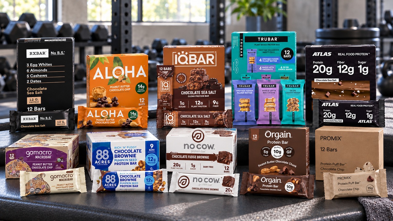 Ten protein bar brands arranged on a gym bench with boxes and individual wrappers facing forward