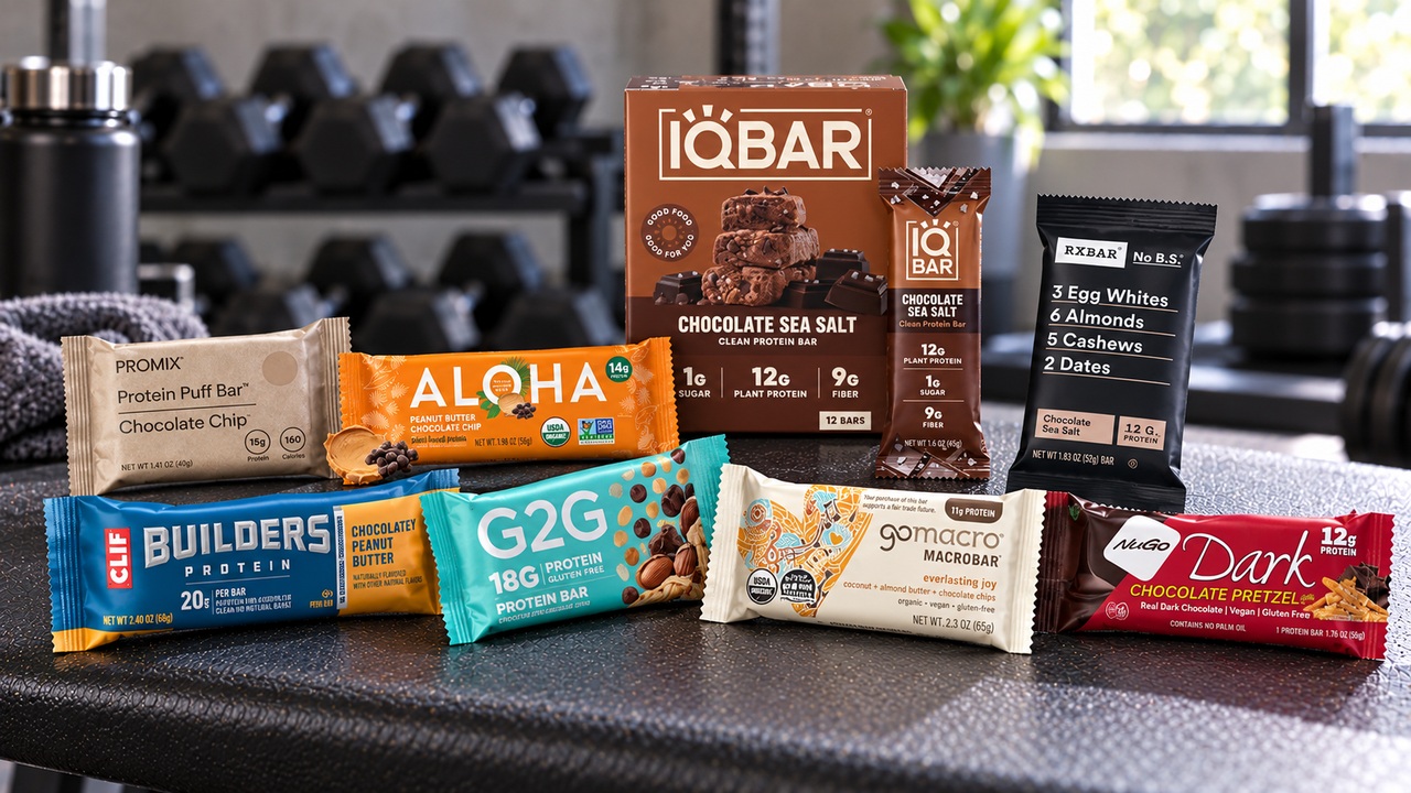 Eight protein bar varieties with readable wrappers and an IQBAR box arranged on a gym bench