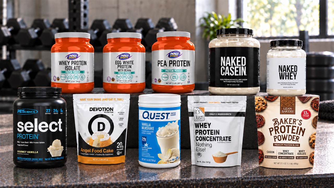Ten baking-suitable protein powder packages with visible labels arranged on a gym bench