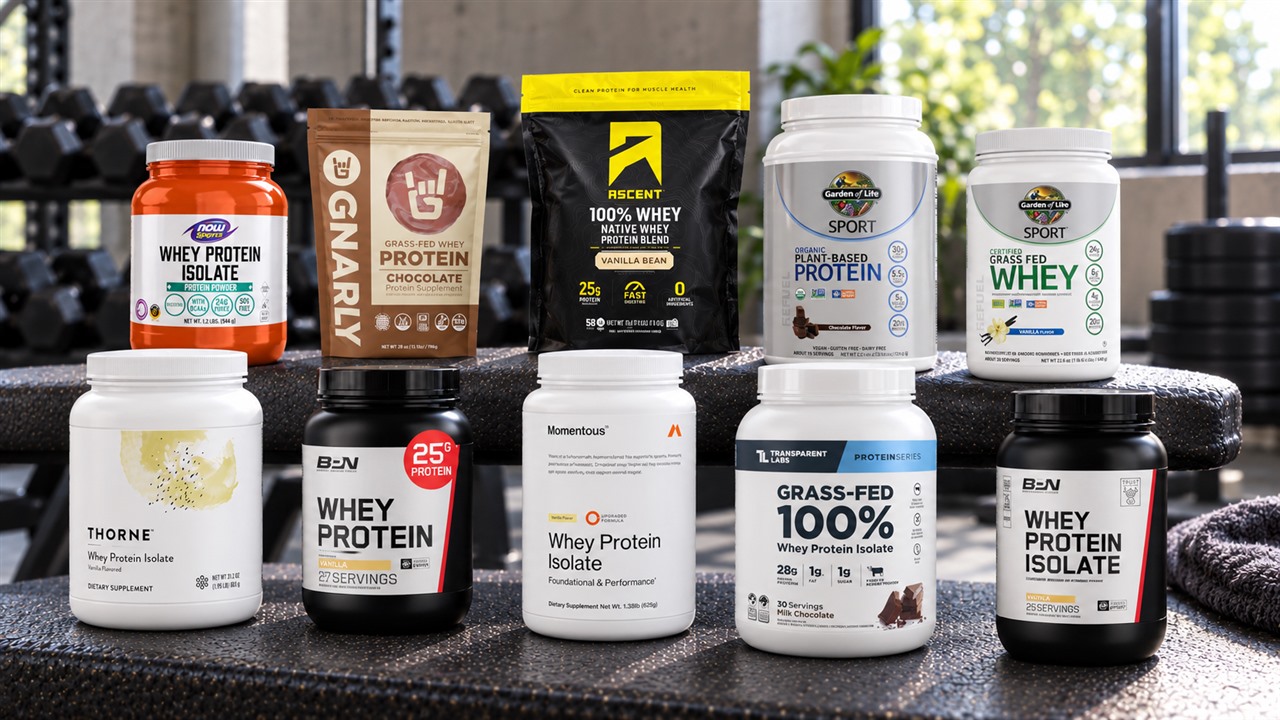 Ten sport-certified protein powder packages arranged on a gym bench with readable front labels