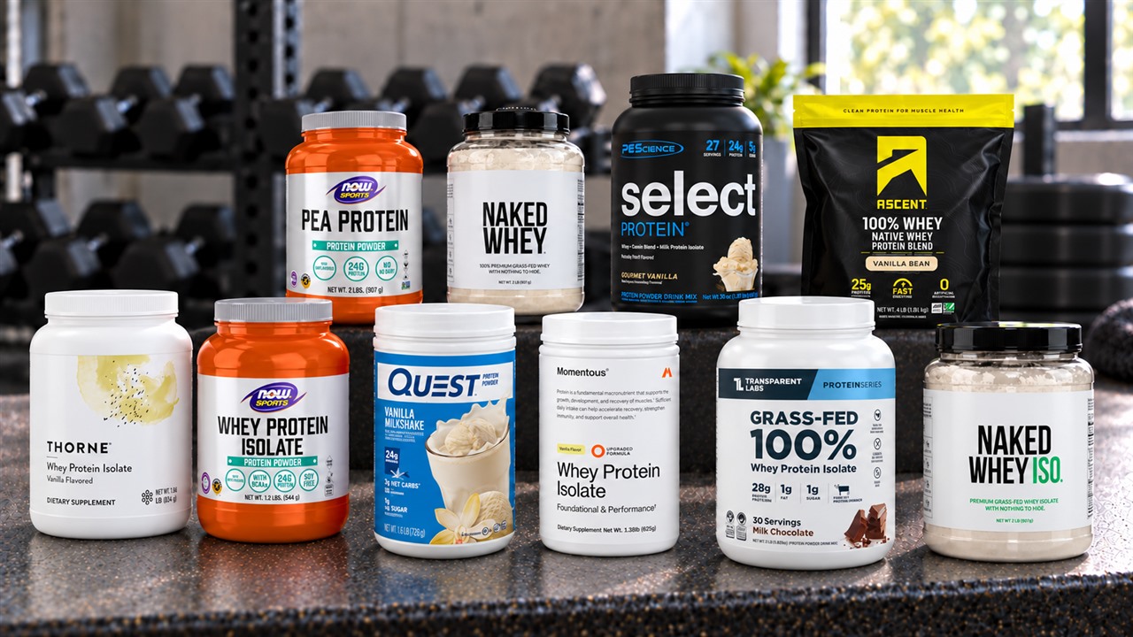Ten protein powder packages for the older-adult comparison arranged on a gym bench with visible labels