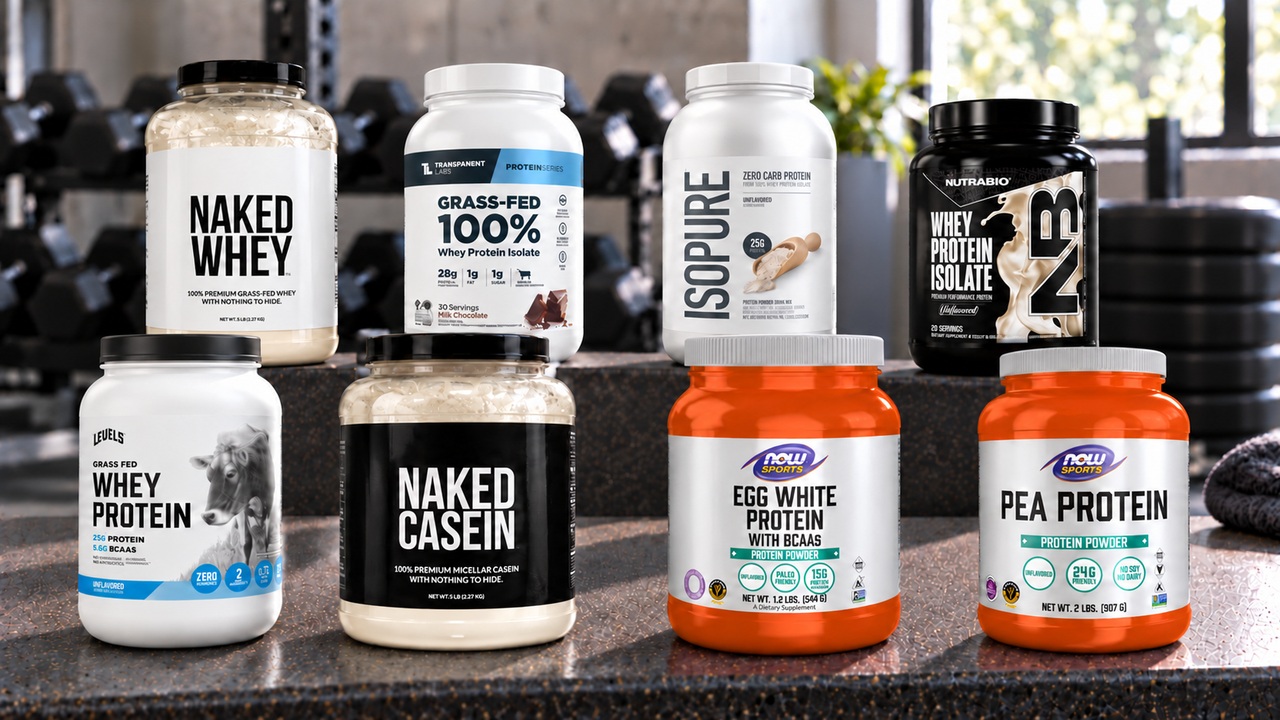 Eight protein powder packages with visible front labels arranged on a gym bench