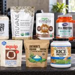 Selected lecithin-free protein powder packages arranged together with their branded front labels visible