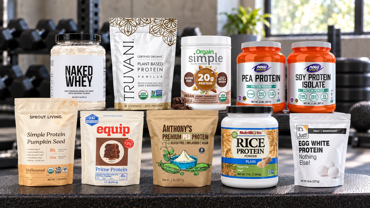 Selected lecithin-free protein powder packages arranged together with their branded front labels visible
