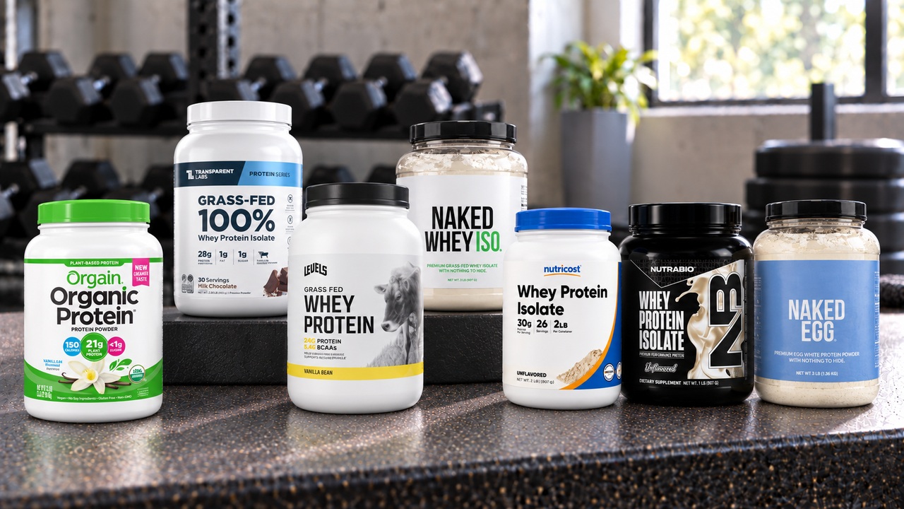 Seven protein powder packages with visible manufacturer labels on a gym bench