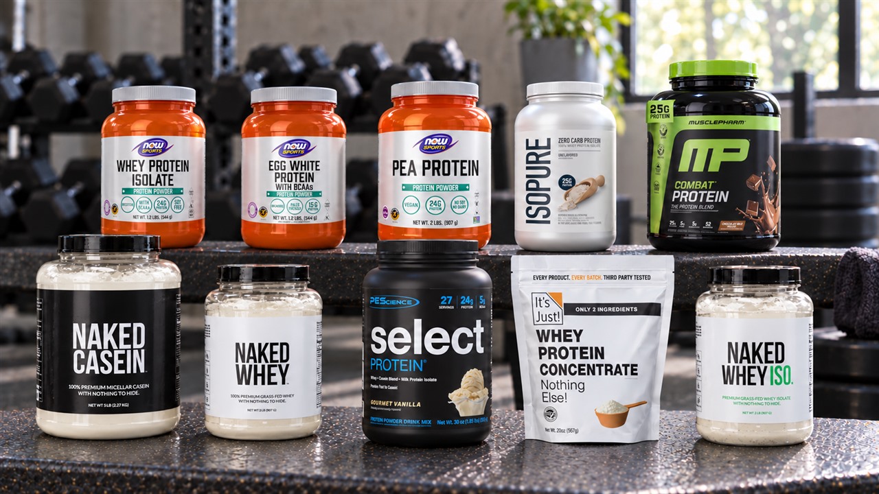 Ten stevia-free protein powder packages on a gym bench with visible manufacturer labels