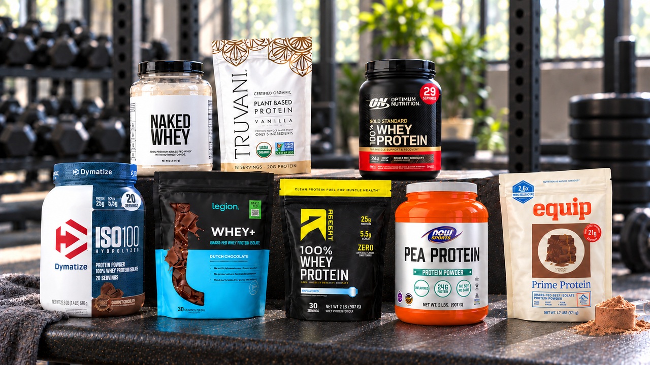 Eight selected protein powder packages on a gym bench, including unflavored whey, pea protein and chocolate isolates