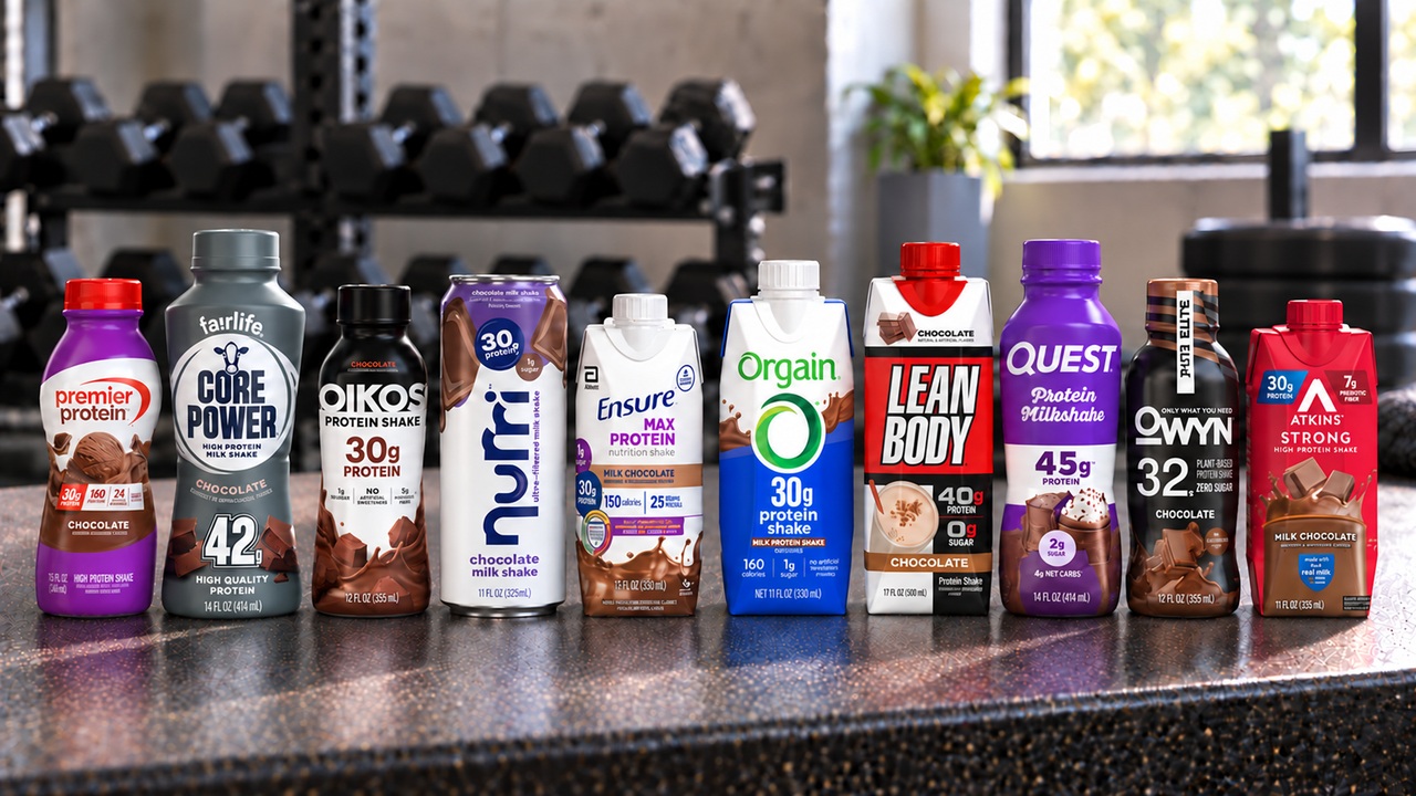 Ten chocolate protein drinks with 30g to 45g protein shown together on a gym bench