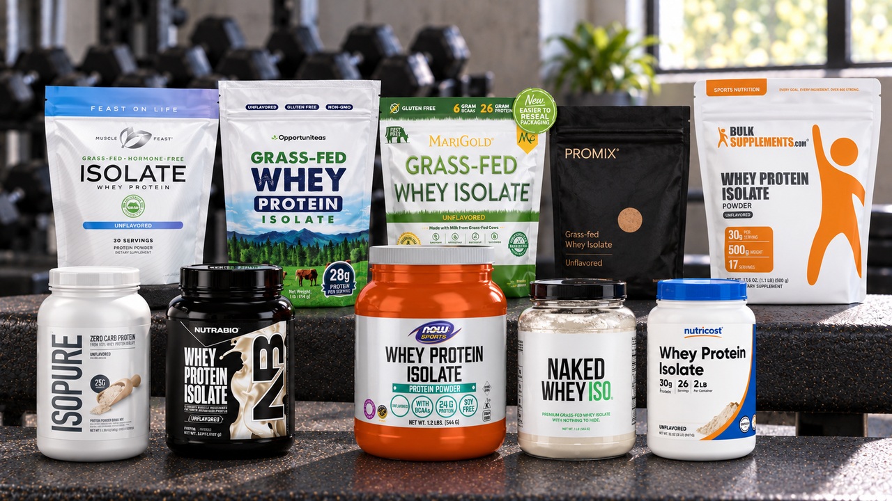 Ten unflavored whey isolate packages arranged on a gym bench with brand labels facing forward