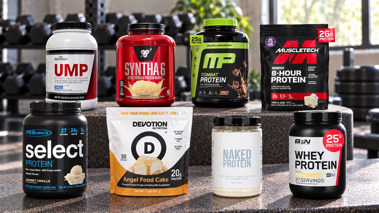 Eight whey-casein protein blend packages arranged on a gym bench with their labels facing forward
