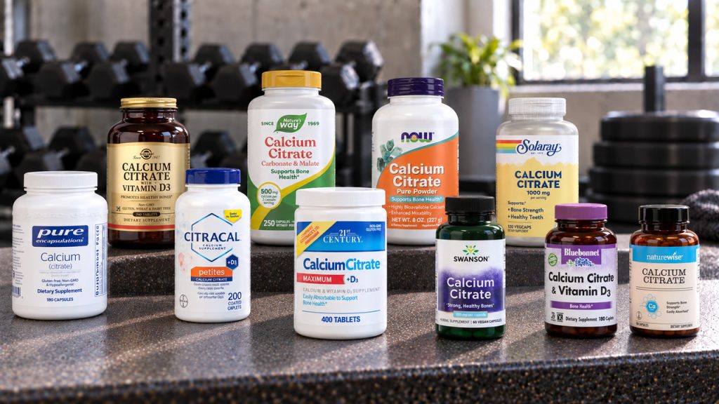 Ten calcium citrate supplements arranged on a gym bench