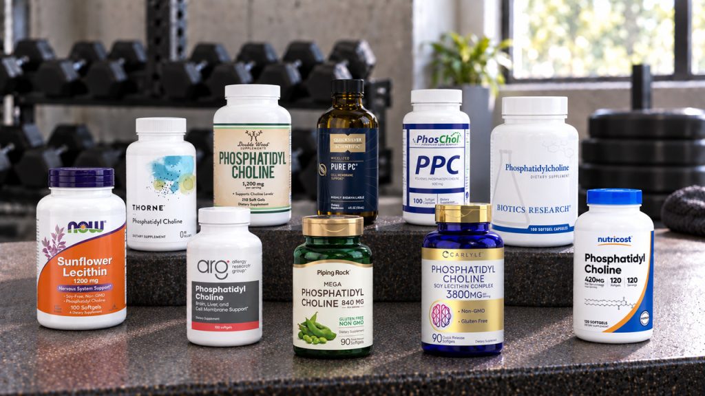 Ten phosphatidylcholine supplements arranged on a gym bench