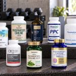 Ten phosphatidylcholine supplements arranged on a gym bench