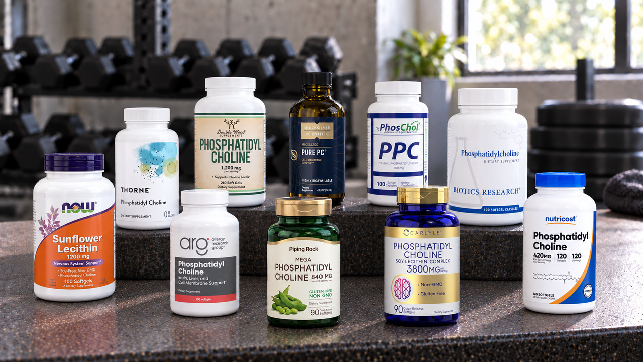 Ten phosphatidylcholine supplements arranged on a gym bench