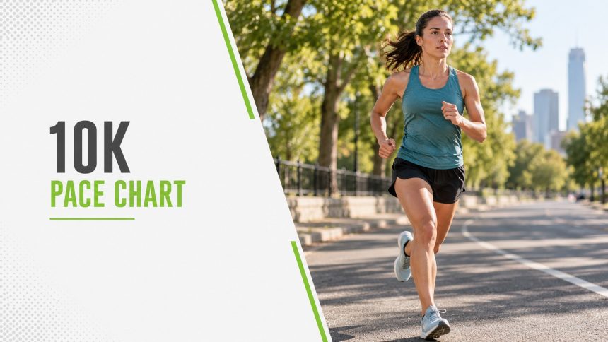 10K Pace Chart. A runner on a tree-lined path.