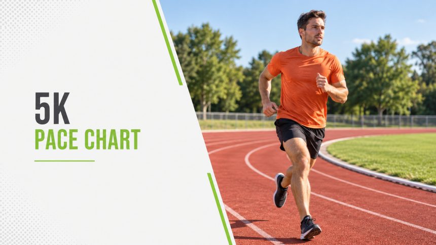 5K Pace Chart. A runner on an athletics track.