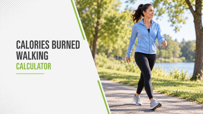 Calories Burned Walking Calculator. A woman walking beside a lake.