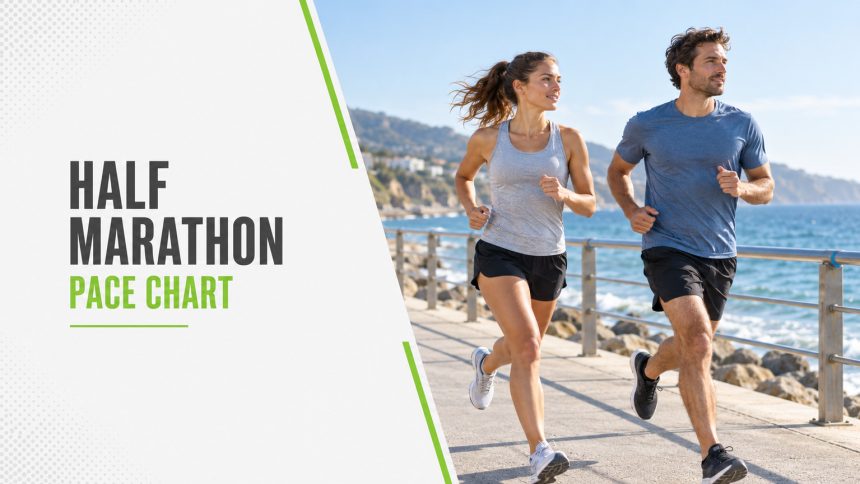 Half Marathon Pace Chart. Two runners on a coastal promenade.