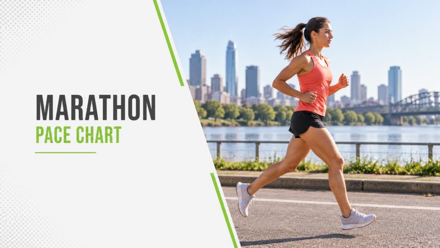 Marathon Pace Chart. A runner on a riverside path.