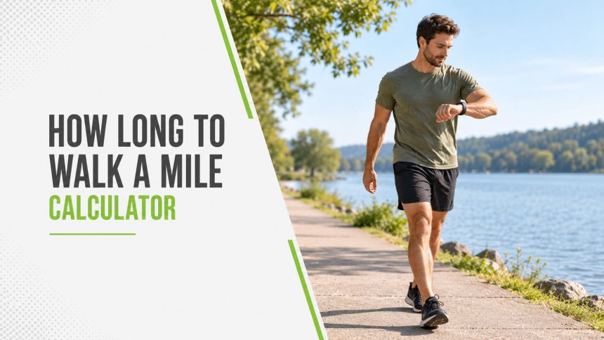 How Long to Walk a Mile Calculator. A walker checking his watch beside a lake.