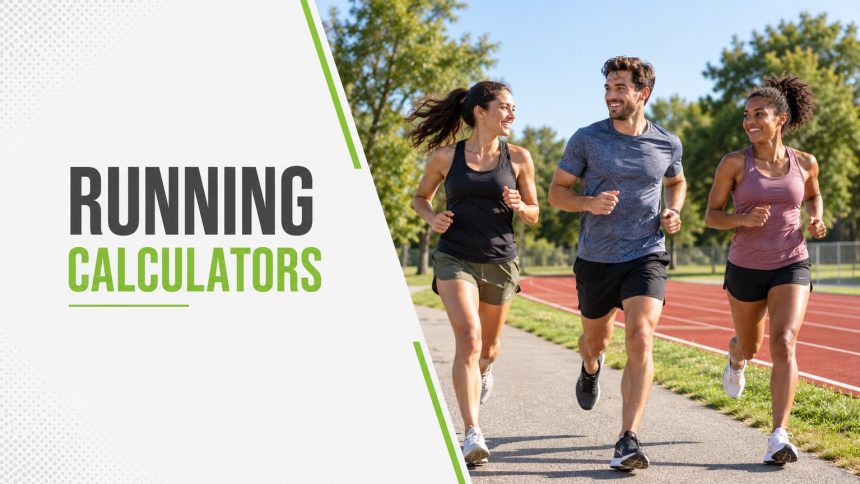 Running Calculators. Three runners beside an athletics track.