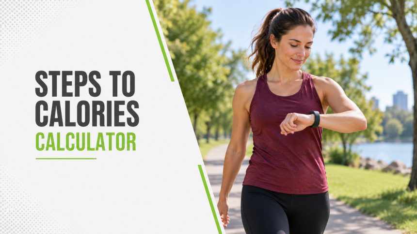 Steps to Calories Calculator. A walker checking her fitness tracker.