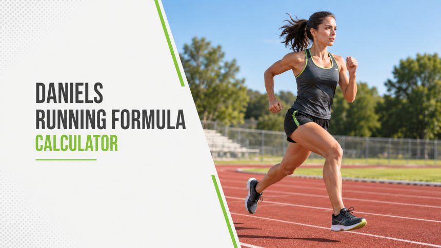 Daniels Running Formula Calculator. A runner training on an athletics track.