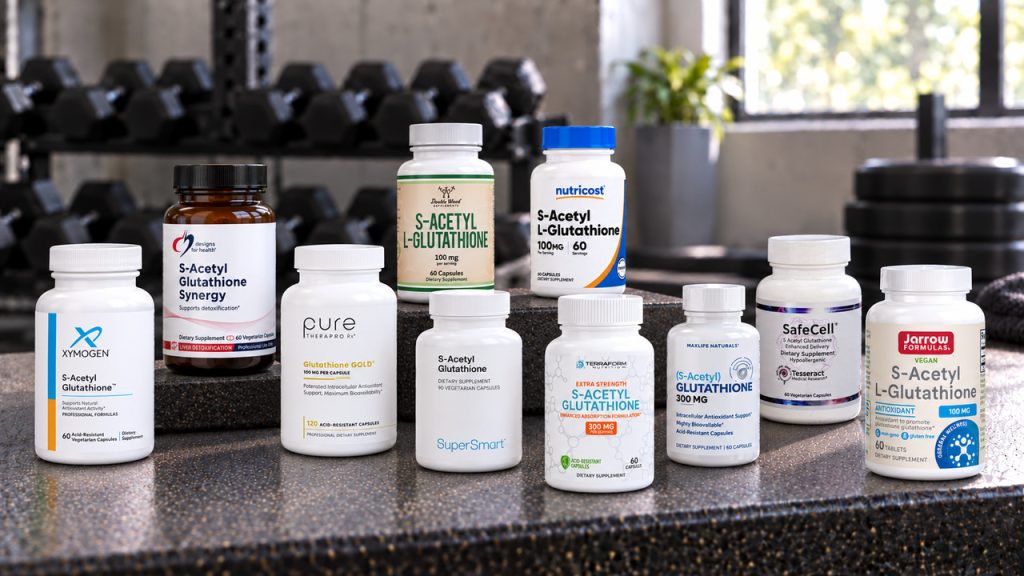 Ten s-acetyl glutathione supplements arranged on a gym bench