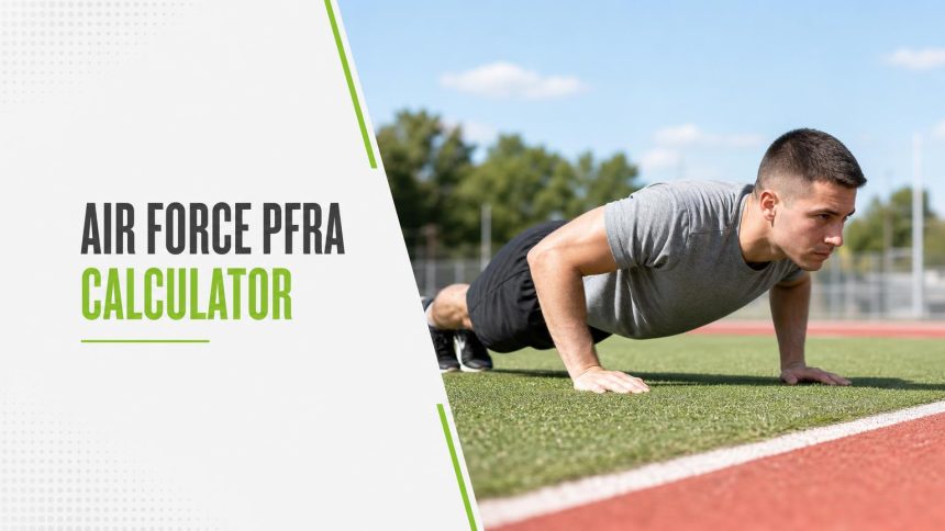 Service member in a grey t-shirt doing push-ups on the grass infield beside a red running track