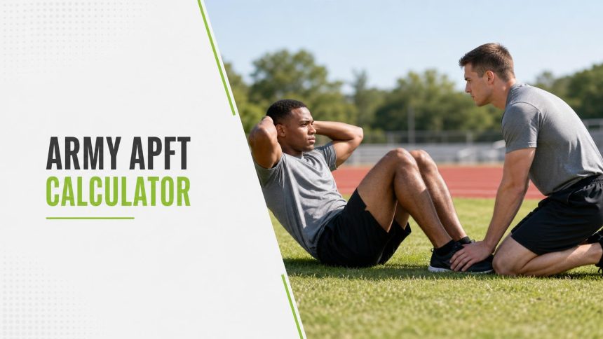 Service member doing a sit-up on a grass field beside a running track while a partner kneels and holds his ankles
