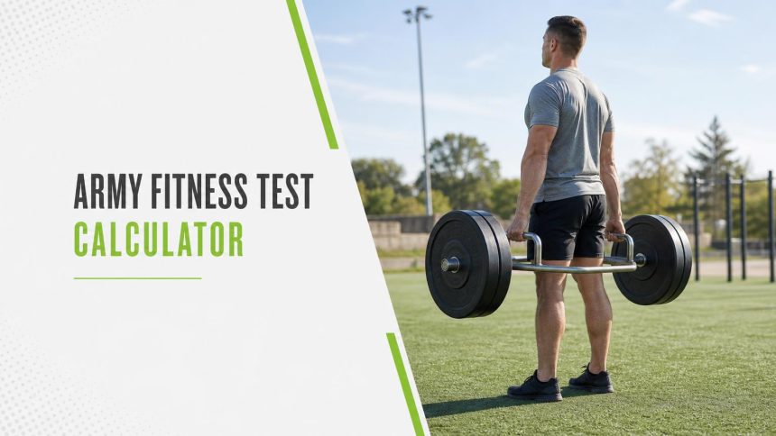 Service member in a grey t-shirt holding a loaded hex bar at the top of a deadlift on an outdoor turf field