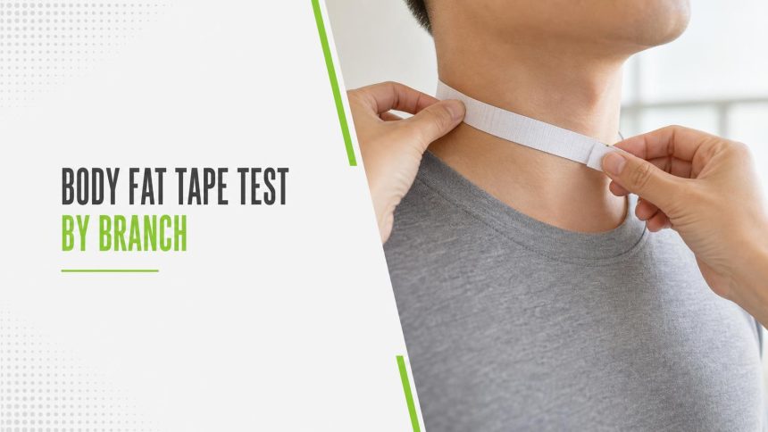 Hands wrapping a white cloth measuring tape around the neck of a person in a grey t-shirt