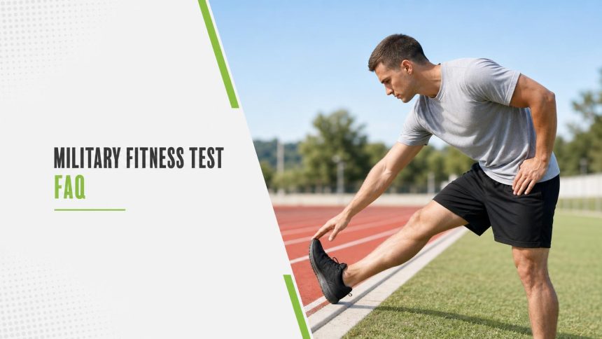 Service member in a grey t-shirt stretching his hamstring beside a red running track