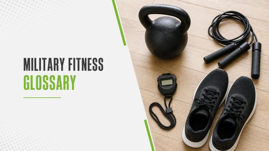 Kettlebell, stopwatch, jump rope and black running shoes laid out on a wooden floor