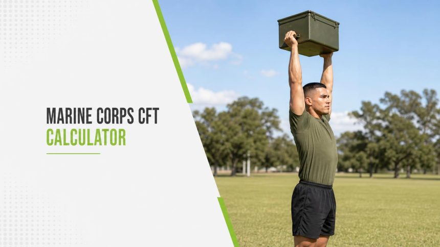 Service member in an olive t-shirt pressing a plain steel ammunition can overhead on a grass field