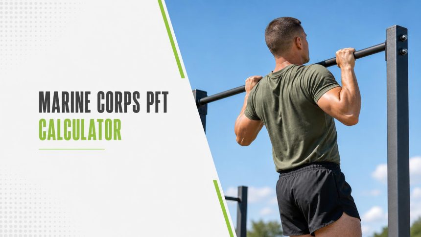 Service member in an olive t-shirt doing a pull-up on an outdoor steel bar against a blue sky