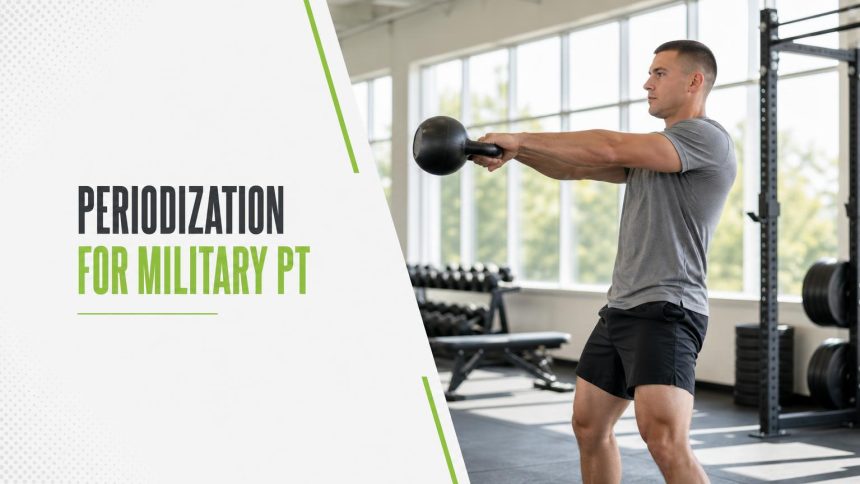 Service member in a grey t-shirt swinging a kettlebell to chest height in a bright gym