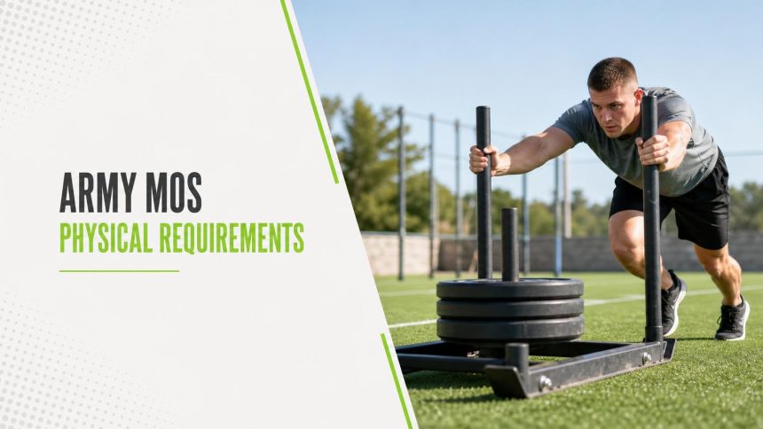 Service member in a grey t-shirt pushing a weighted sled across artificial turf