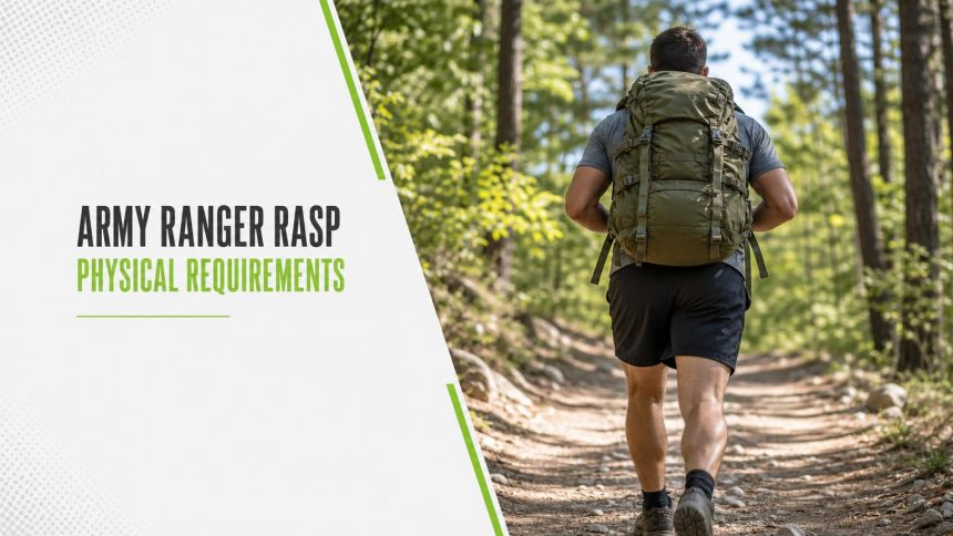 Service member in a grey t-shirt marching on a sunlit forest trail with a heavy olive rucksack