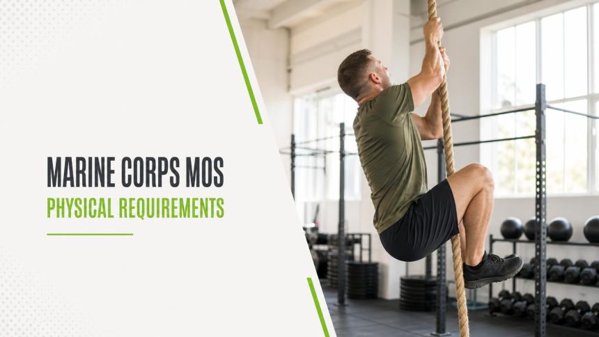 Service member in an olive t-shirt climbing a thick rope in a bright gym