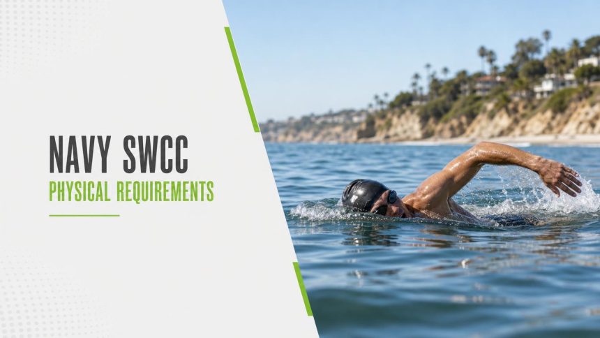 Swimmer in a black cap swimming freestyle in calm open water near a sunny shoreline