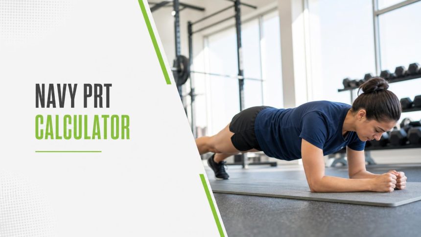 Woman in a navy blue t-shirt holding a forearm plank on an exercise mat in a bright gym
