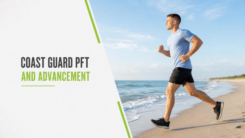 Service member in a light blue t-shirt running along a sandy beach at the water's edge