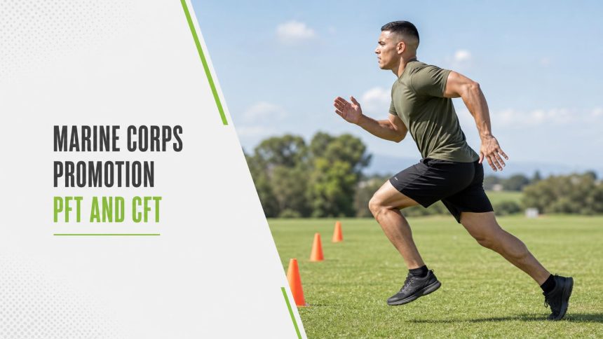 Service member in an olive t-shirt sprinting past orange cones on a grass field