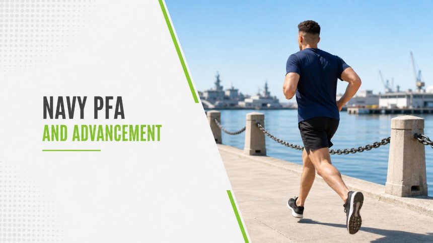 Service member in a navy blue t-shirt running along a harbour walkway beside calm water