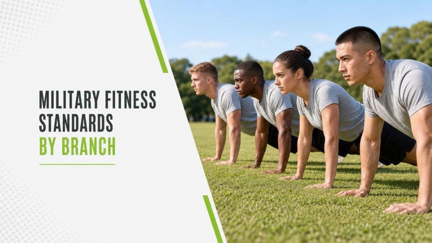 Four service members, three men and a woman, in grey t-shirts doing push-ups in a row on a grass field