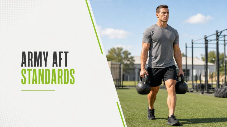 Service member in a grey t-shirt carrying two heavy kettlebells across an outdoor turf field
