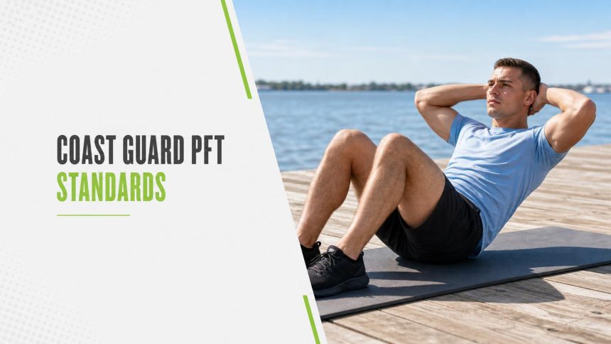 Service member in a light blue t-shirt doing sit-ups on a mat on a wooden pier beside calm water