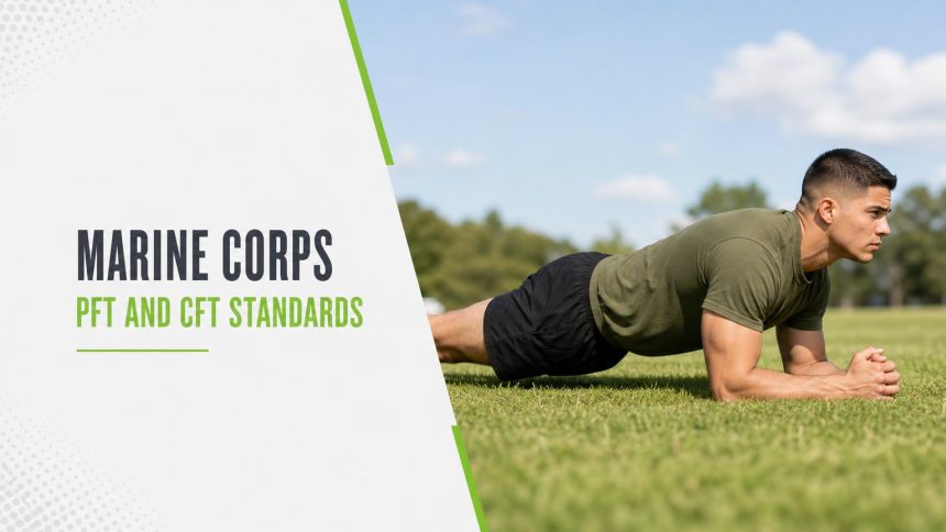 Service member in an olive t-shirt holding a forearm plank on a grass field under a blue sky